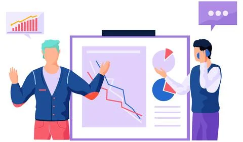 Men working with diagrams, statistical data analysis, financial decrease Illustrazione stock