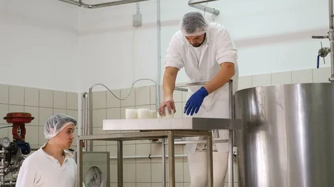 Men working at the Diary Cheese Factory- ricotta cheese production Stock-Footage 87349918