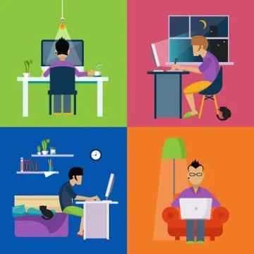 Men Working Freelance Illustration Set イラスト素材