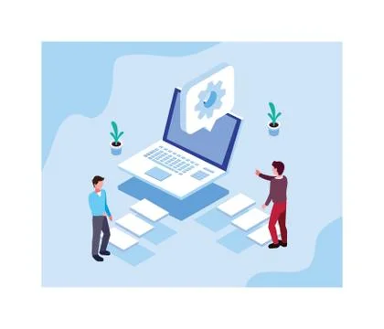 Men working in front of laptop Illustrazione stock