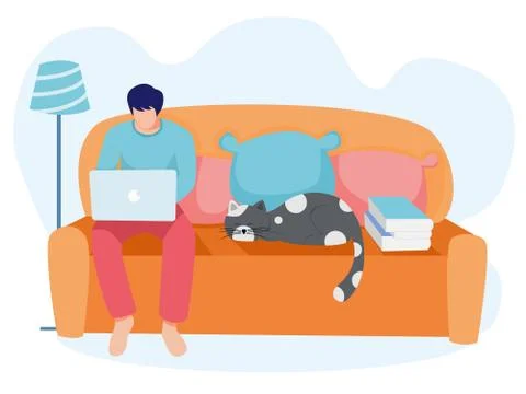 Men working on laptop sitting on sofa, cat   laying on sofa,  work from home Stock Illustration