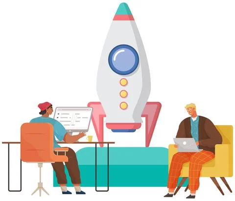 Men working with laptops code an innovative product, startup programmers Illustrazione stock