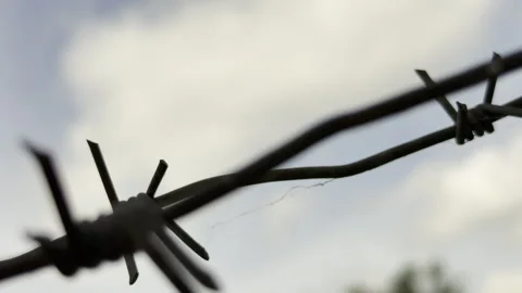 Menacing Barbed Wire Spans Across A Gloomy Cloudy Sky Stock Footage 336939057