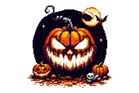 A menacing jack-o'-lantern with glowing eyes and mouth surrounded by smalle.. Stock Illustration