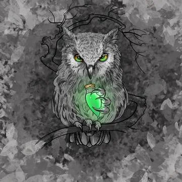 Menacing owl with a glowing potion in its paw in black and white style Stock Illustration