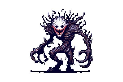 A menacing pixel art creature with a white, grinning face, surrounded by da.. Stock Illustration