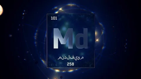 Mendelevium as Element 101 of the Periodic Table 3D animation on blue background 스톡 동영상 128777688