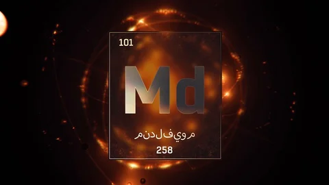 Mendelevium as Element 101 of the Periodic Table 3D illustration on orange 스톡 동영상 128777693