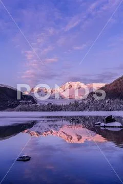 Mendenhall Lake at sunset in winter,Juneau, Alaska, United States of America Stock Photos