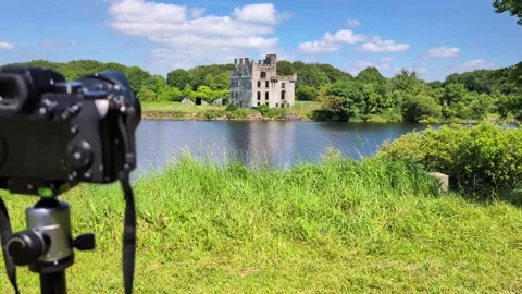 Menlo castle revealing behind camera, historical landmark Video stock 277353799