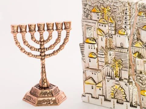 A Menorah and 2 golden candle holders  Stock Photos