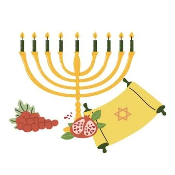 Menorah with pomegranate, torah scroll and grapes. Stock Illustration