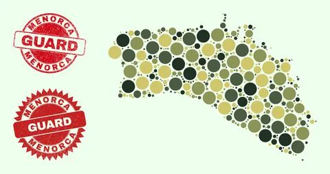Menorca Island Map Collage with Camo Military Round Items with Grunge Guard Stock Illustration
