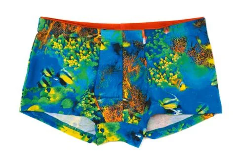 Men's boxer shorts with a colored pattern underwater world. Stock Photos