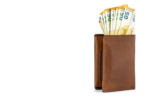 Mens brown leather wallet with a stack of Euro notes sticking out of the insi Stock Photos