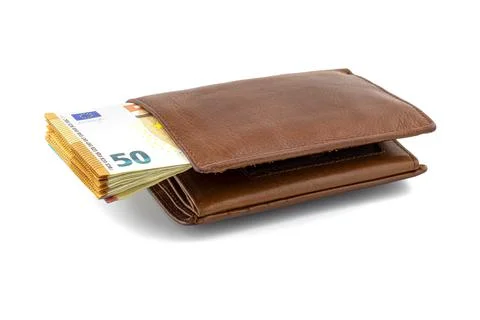 Mens brown leather wallet with a stack of Euro notes sticking out of the cent Stock Photos
