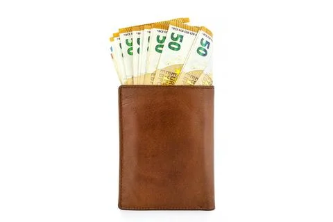 Mens brown leather wallet with a stack of Euro notes sticking out of the insi Foto stock