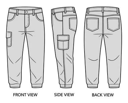 Men's cargo jogger pants technical fashion illustration with front, side, a.. Ilustração Stock