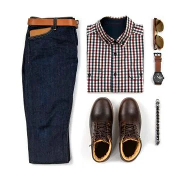 Men's casual outfits for man clothing with brown boot , watch, blue jeans, be Stock Photos