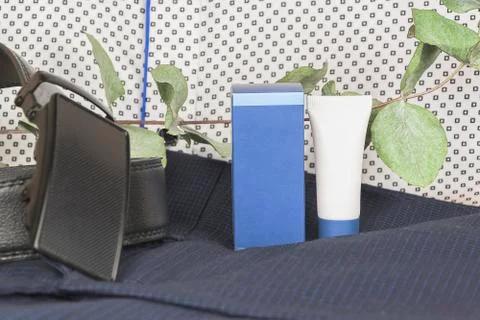 Men's cosmetics. Basic skin care products for men, day cream concept Stock Photos