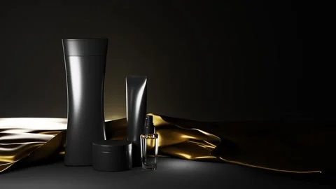 Men's cosmetics collection on dark background. Premium series of black plastic Stock Footage 147587551