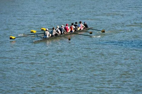 Men's Crew Team Rows Down Atlanta River Stock Photos