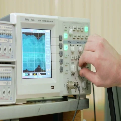 Men's engineering arm adjusts the oscilloscope for proper display of the Stock Footage 69464508