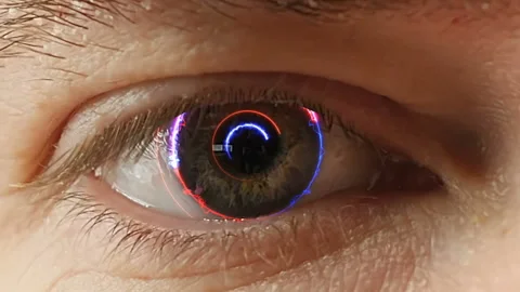 Men's eyes with the futuristic software interface. Stock Footage 94892050