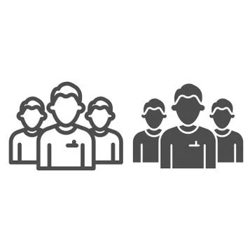 Mens group line and solid icon. Three men in uniform, office workers team symbol Stock Illustration