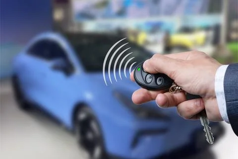 Men's hand presses on the remote control car alarm systems. Stock Photos