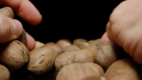 Men's Hands Sorting Pecan Nuts in Shells, Macro Dolly on a Black Background. Stock Footage 267129045