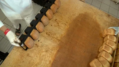 Men's hands spread baked bread from molds Stock Footage 99614839