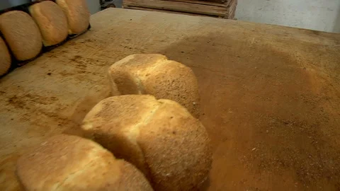 Men's hands spread baked bread from molds Stock Footage 99614927