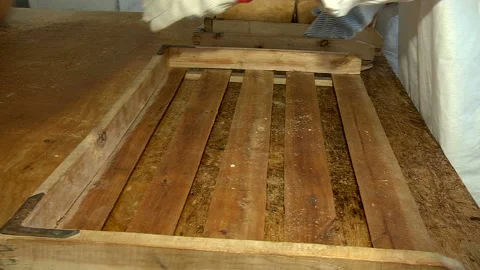 Men's hands spread baked bread from molds Stock Footage 99615124