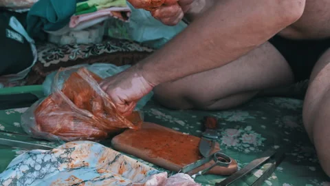 Men's Hands String Meat on Skewers in Nature Stock Footage 209975772