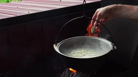 Men's hands throw bay leaf into soup in pat. Bonfire in mangal close-up Stock Footage 169609181