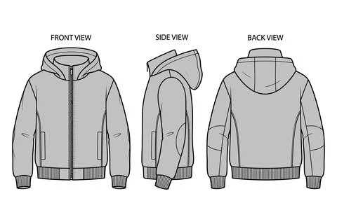 Men's Hooded Zip Jacket Technical Fashion Illustration Front Side and Back .. Ilustração Stock