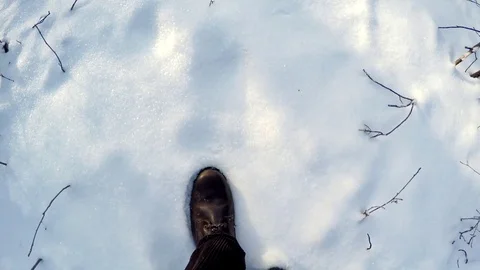 Men's legs go in the winter forest. Video stock 84986053