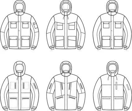 Mens winter work down jacket. Fashion CAD. Stock Illustration