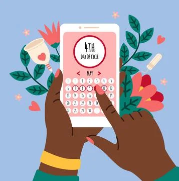 Menstrual calendar. Smartphone application with female cycle calendar, hands Stock Illustration