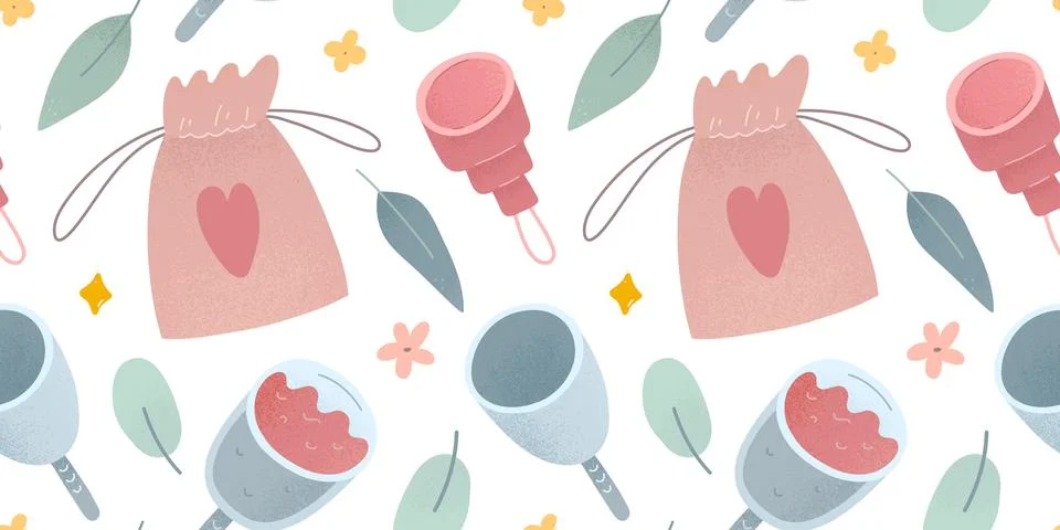 Menstrual cup pattern, silicone cup for womens period, monthly supplies for Stock Illustration