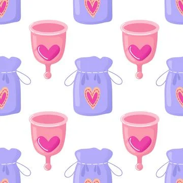 Menstrual cups seamless pattern. storage pouch. Hygiene product. Women Health Stock Illustration