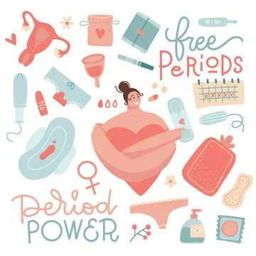Menstrual period set cute elements. Women with menstruation. Hygiene products 스톡 일러스트