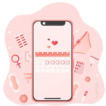 Menstruation cycle calendar mobile app, woman health elements around, ovulation イラスト素材