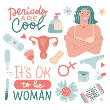 Menstruation self care items set. Elements kit of female period, menstrual blood Illustrazione stock