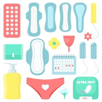 Menstruation, set of elements. Pads, tampons, menstrual cup and other feminin Stock Illustration