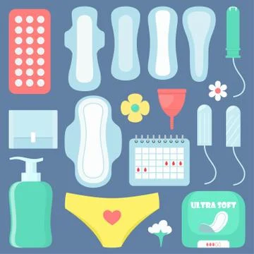 Menstruation, set of elements. Pads, tampons, menstrual cup and other feminin Stock Illustration