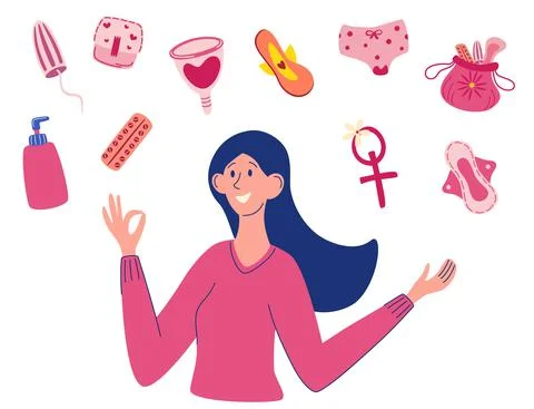 Menstruation theme. Period. Various feminine hygiene products.A young girl is Stock Illustration