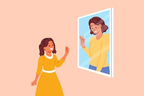 Mental connection between generations, in form of little girl looking in mirror Stock Illustration