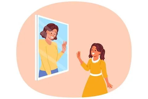 Mental connection between generations, in form of little girl looking in mirror Illustrazione stock